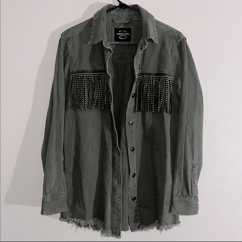 AMERICAN BAZI WESTERN FRINGE STUDDED RAW HEM JACKET BUTTON UP SZ SMALL GREEN